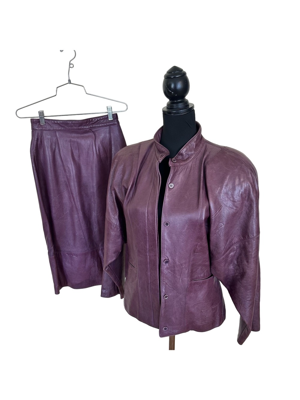 Womens Purple Leather Skirt & Jacket Size Small 1980s Vintage Leonardo Midi